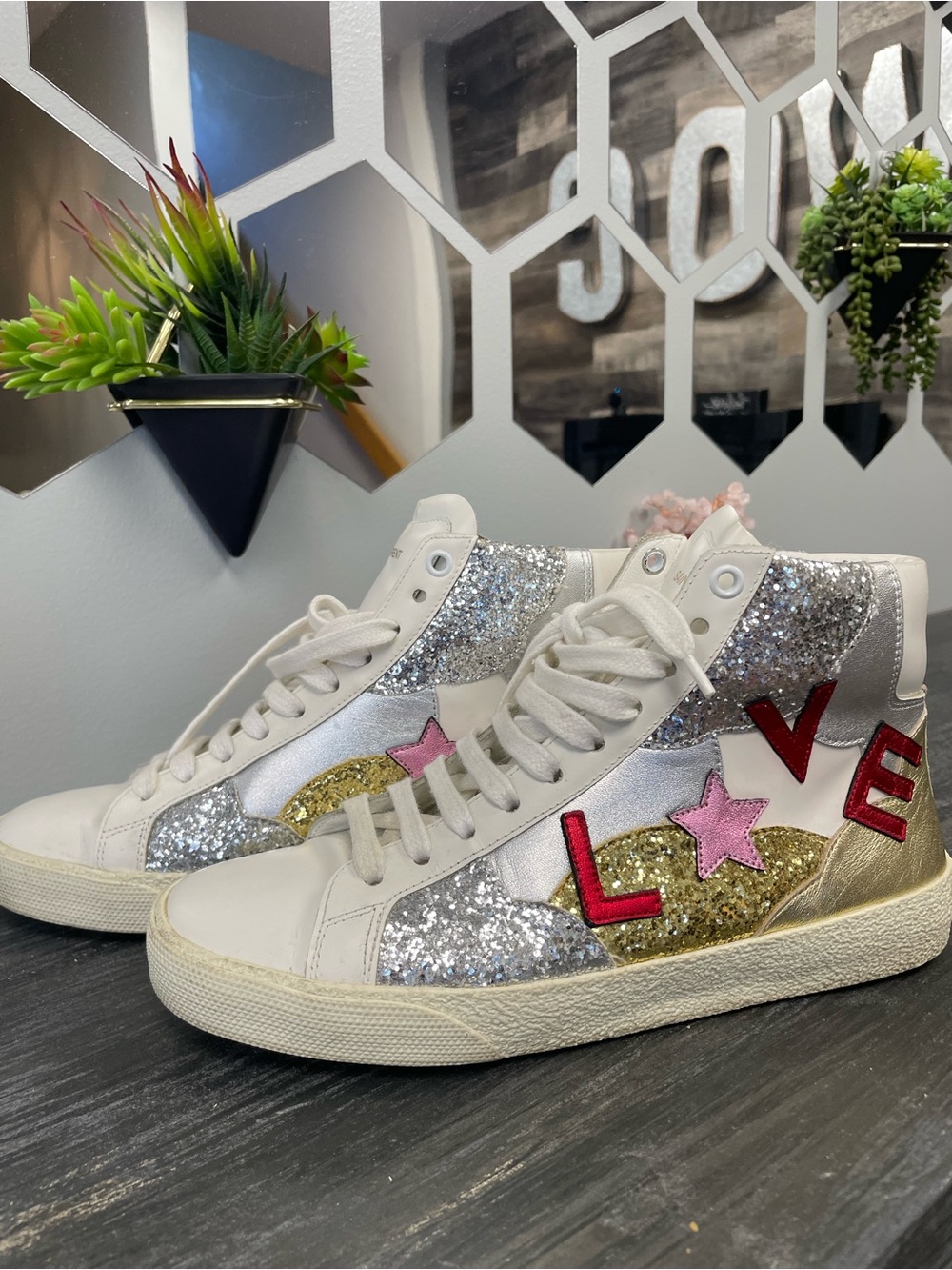 Saint Laurent White Glitter High-Top Sneakers with Gold & Pink Accents
